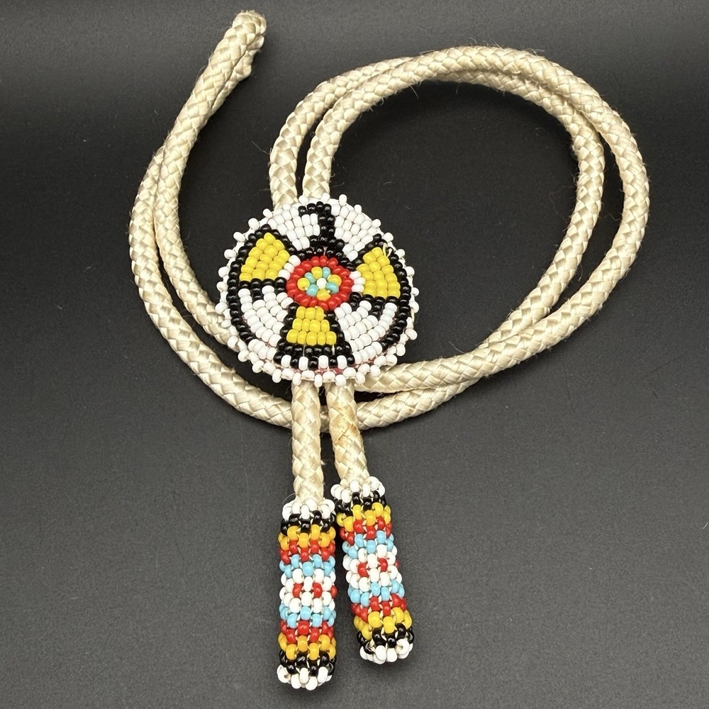 Vintage Southwest Style Bolo Tie Seed Bead Thunderbird Rosette Native Folk Art